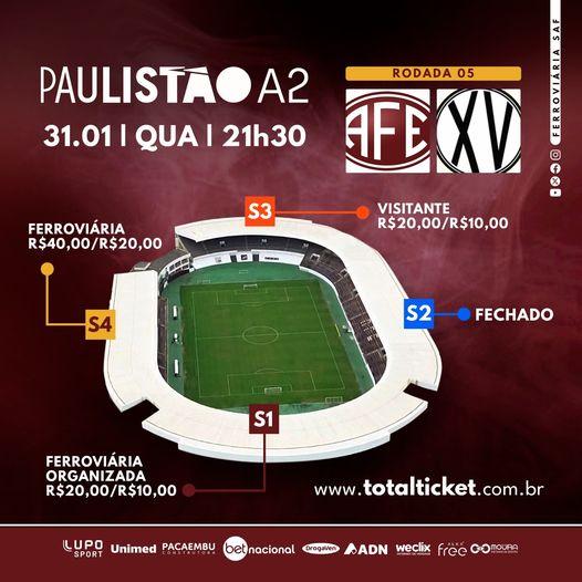 Ingressos Ferroviária X XV de Piracicaba - 5 rodada - 1 fase - Paulista Série A2 2024!