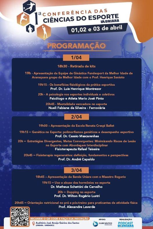 PROGRAMAÇÃO DA 1ª CONFERÊNCIA DAS CIÊNCIAS DO ESPORTE UNIARA 2024!