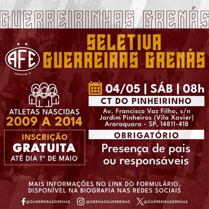 Guerreiras Grenás abrem  inscrições para a seletiva, que será realizada no CT do Pinheirinho.!