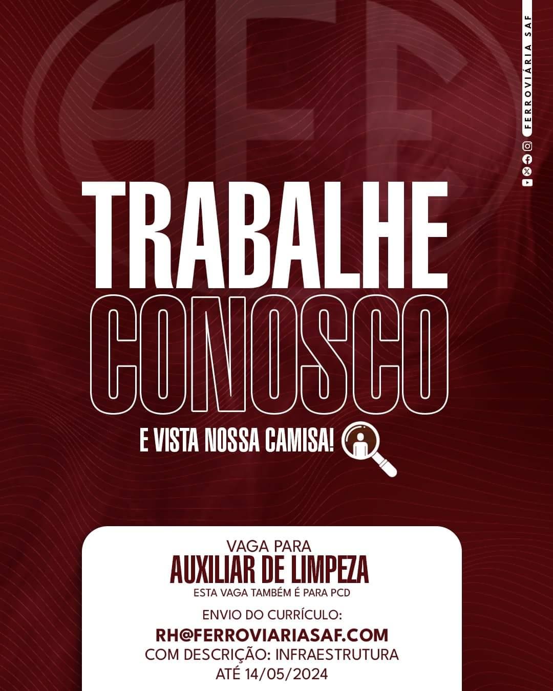 Vaga Auxiliar de Limpeza na Ferroviária !