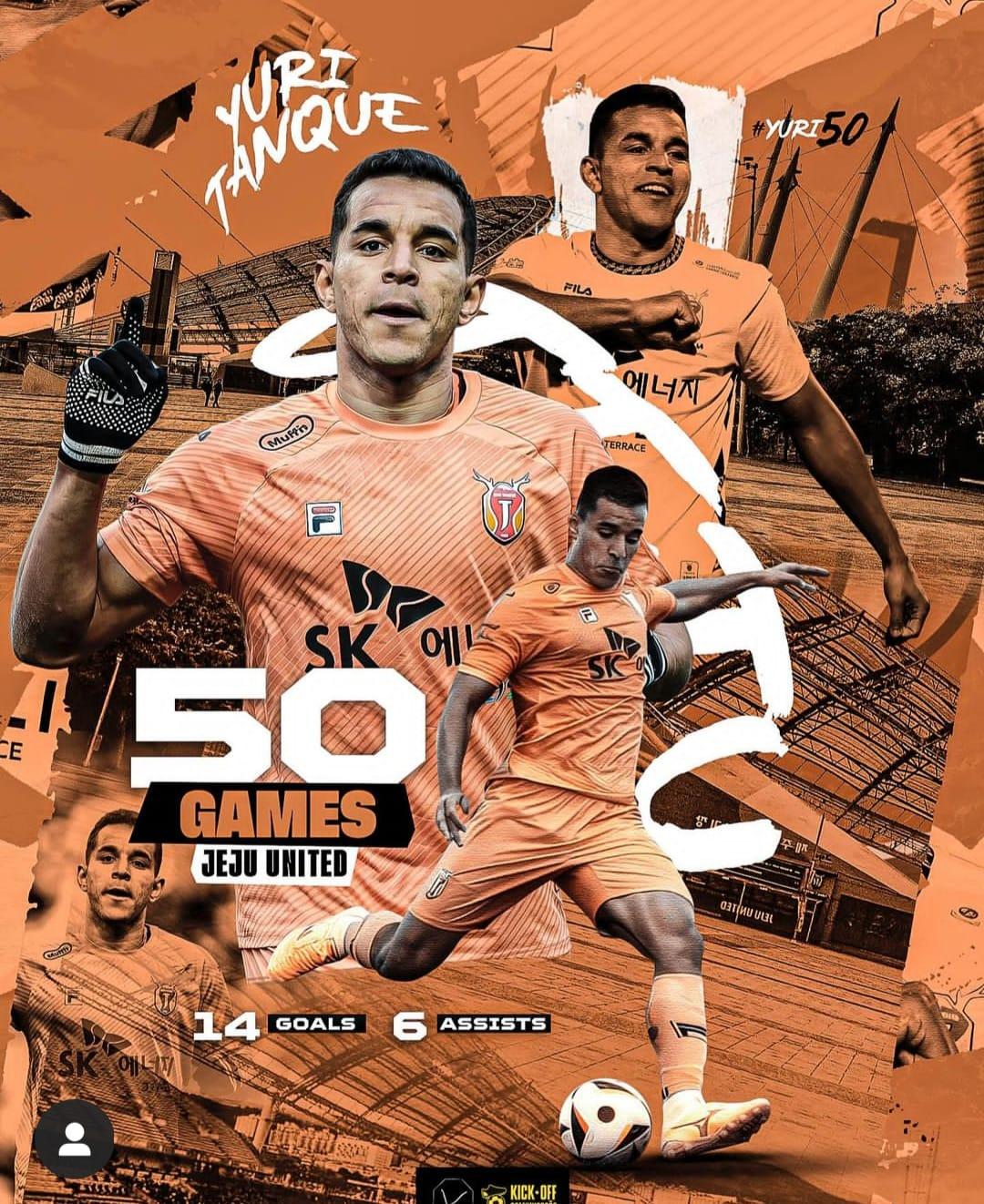 Yuri Tanque feliz por completar 50 jogos vestindo a camisa do Jeju United Football Club!