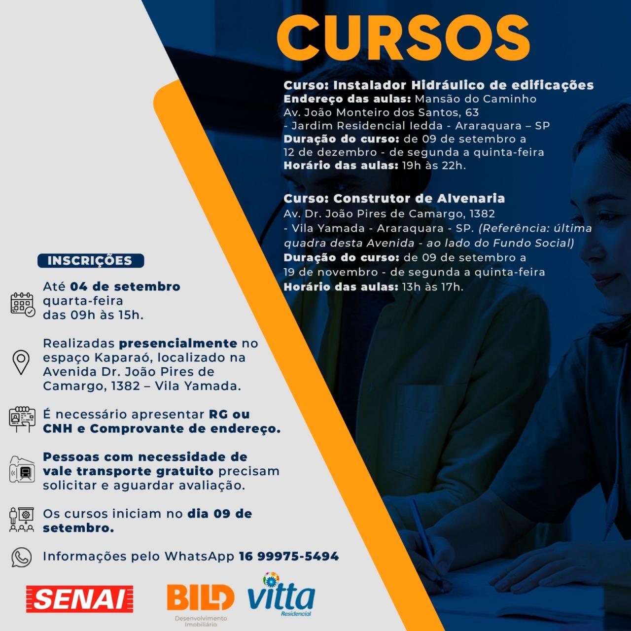 Cursos gratuitos de Instalador Hidráulico e Construtor de Alvenaria ainda tem inscrições em Araraquara!