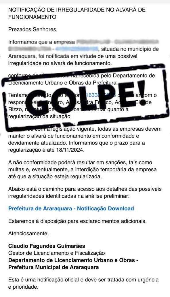 Prefeitura de Araraquara alerta para tentativas de golpe em empresas da cidade, por e-mail!
