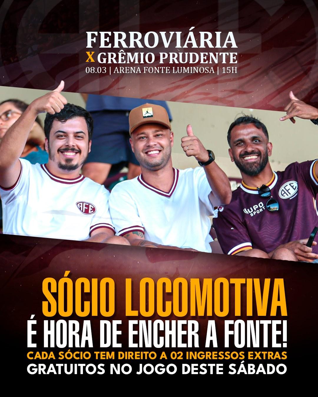 Sócio Locomotiva, no jogo contra o Grêmio Prudente, cada sócio tem direito a 2 ingressos extras gratuitos!