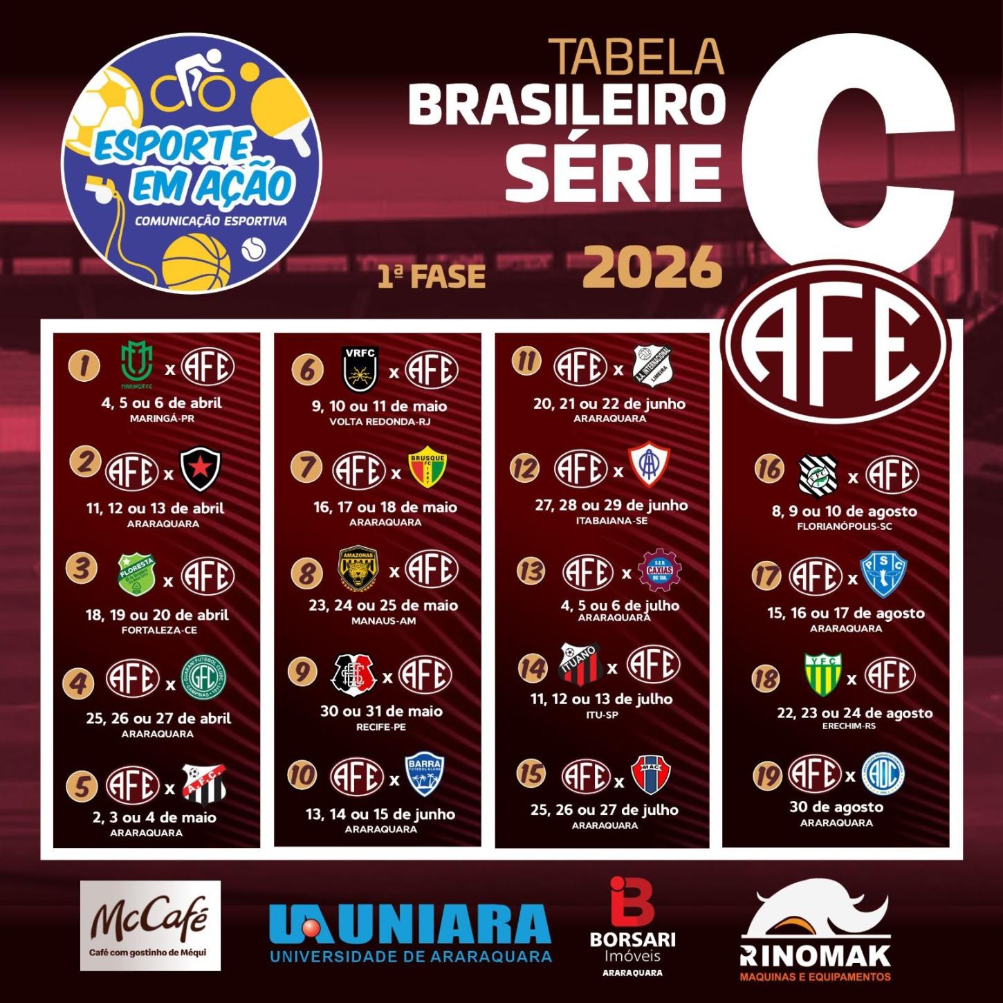 Ferroviária conhece tabela do Brasileiro da Série C 2026 e estreia fora de casa contra o Maringá-PR!