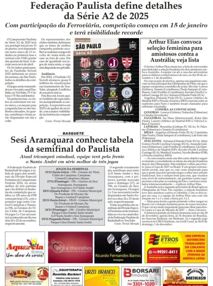 ESPORTE - FOLHA DA CIDADE DE ARARAQUARA! 15/11/2024 - SEXTA-FEIRA !