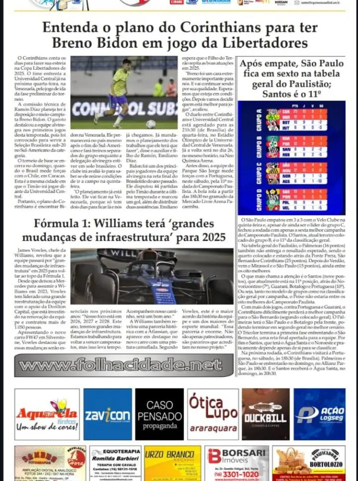 ESPORTES - FOLHA DA CIDADE DE ARARAQUARA! 15/02/2025 - SÁBADO !